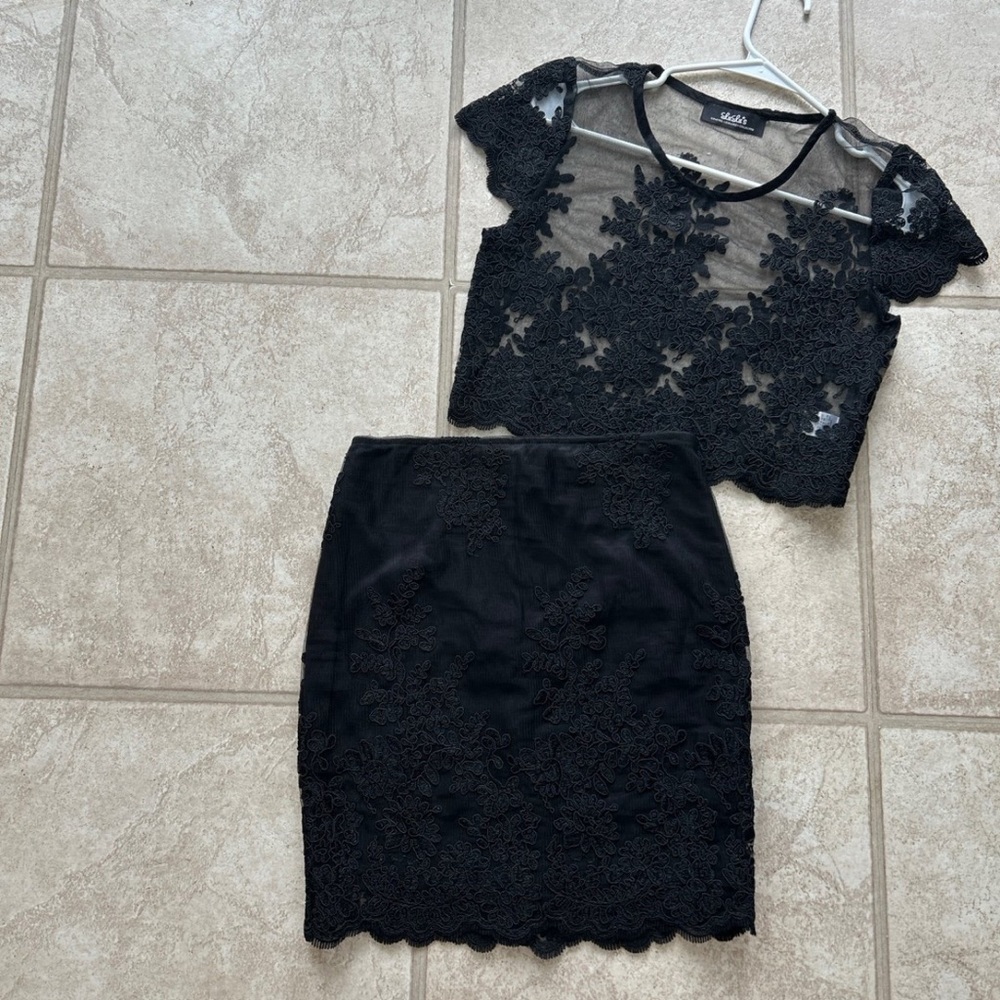 Two Piece Black Floral Embroidered Mesh Skirt Set (built-in slip)